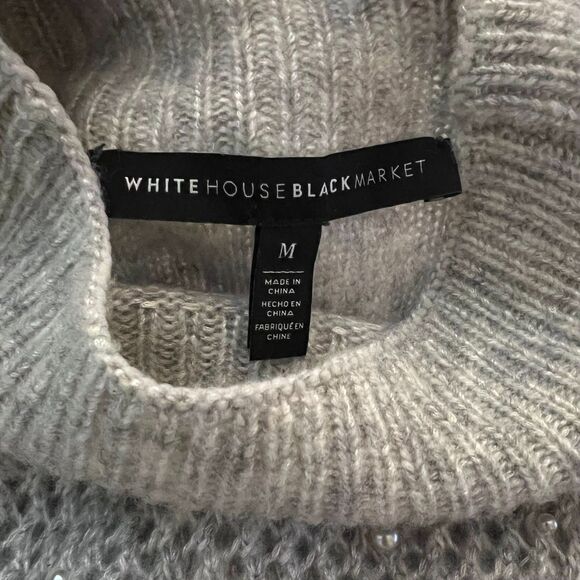 Pearl Embellished Cable Knit Sweater Gray Mock Neck Soft Cozy Winter Chic M - Picture 3 of 11